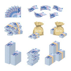 Uzbekistan Sum Vector Illustration. Huge packs of Uzbek money set bundle banknotes. Bundle with cash bills. Deposit, wealth, accumulation and inheritance. Falling money 10000 UZS.