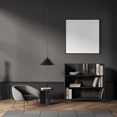 Lounge room interior with chair and shelf. Art decoration and mockup frame