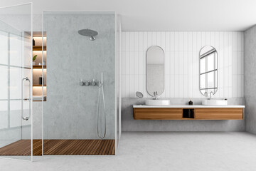 Front view on bright bathroom interior with shower