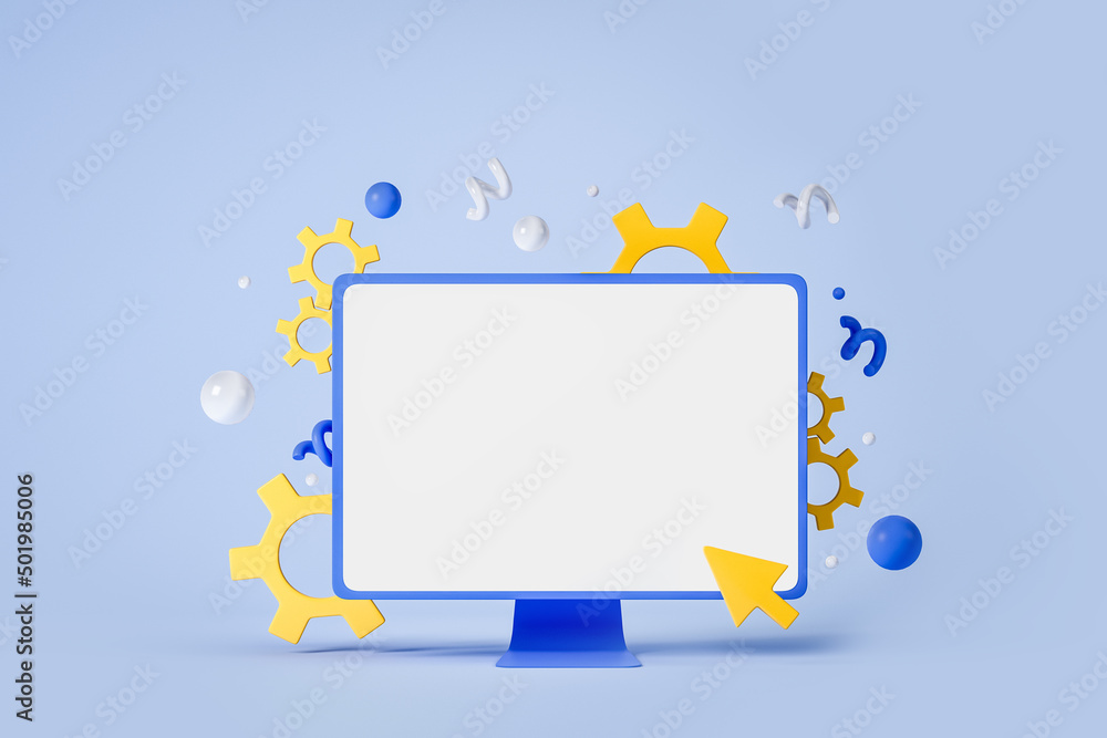 Poster computer display, cursor and gear on light background. mockup copy space