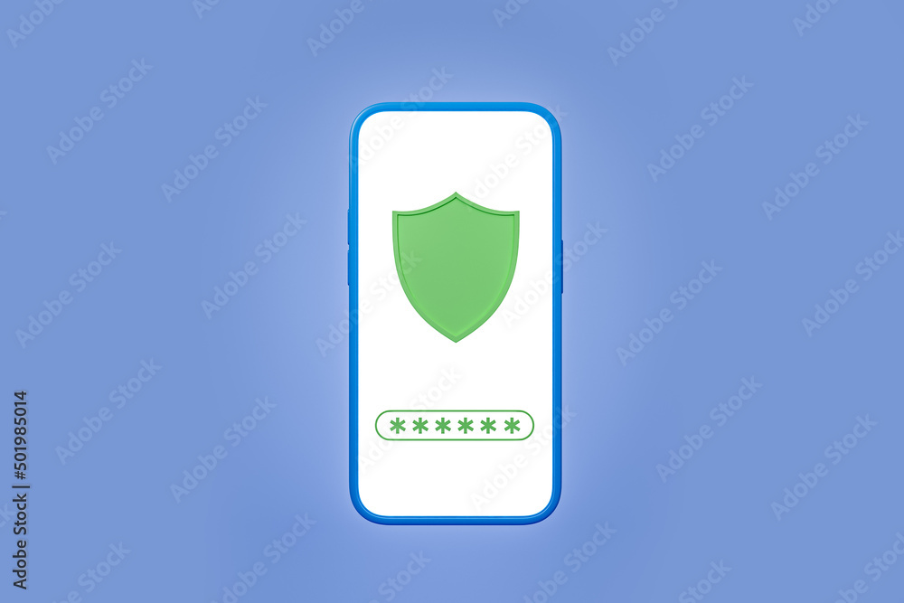 Poster smartphone and security shield with password. mockup screen