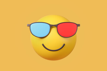 Emoji in 3D glasses, blue and red lens. Mockup