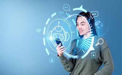 Woman with smartphone, voice chat hologram, binary and earth