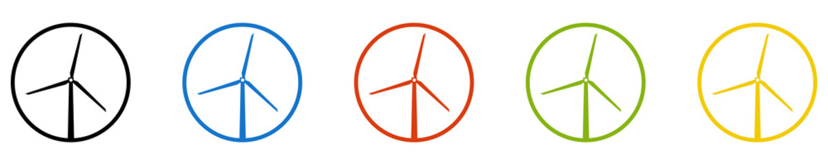 Bunter Banner mit 5 farbigen Icons: Windm&uuml;hle, Windenergie oder Windkraft