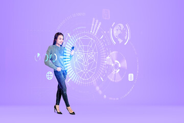 Woman with phone, biometric scanning hud and earth hologram, facial scanner