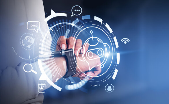 Woman finger touch smart watch on wrist, digital bot hologram with icons