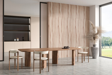 Light kitchen room interior with table and chairs, panoramic window. Empty wall