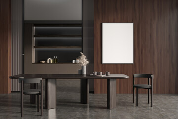 Dark dining room interior with seats and table, mockup poster