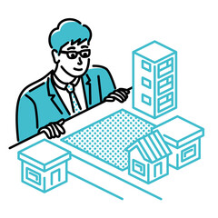 住宅街の空き地を見つめるビジネスパーソン