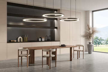 Light kitchen interior with chairs and table, eating area and panoramic window