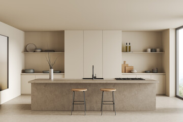 Light kitchen interior with island and seats, kitchenware on shelf, window © ImageFlow