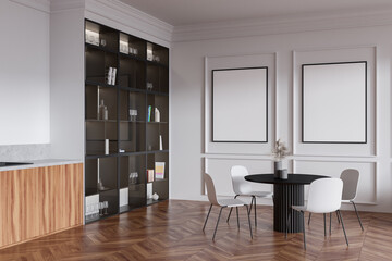 Fototapeta na wymiar Light kitchen interior with seats and shelf with decoration. Mockup frames