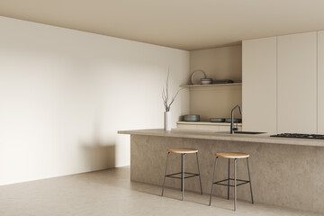 Light kitchen interior with island and seats, kitchenware. Mockup