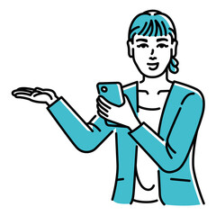 スマホを片手に何かを案内するビジネスパーソン（女性）
