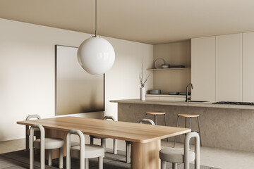 Light kitchen interior with chairs and eating table, countertop and poster