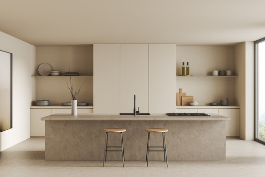 Light kitchen interior with island and seats, kitchenware on shelf, window