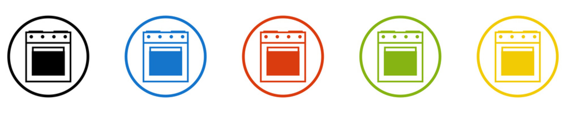 Bunter Banner mit 5 farbigen Icons: K&uuml;che, Herd oder Backofen