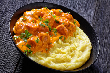 nakkikastike, finnish sausage in sauce, top view