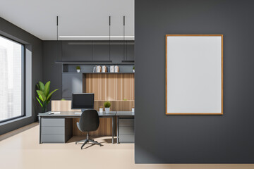 Obraz premium Front view on dark office interior with empty white poster