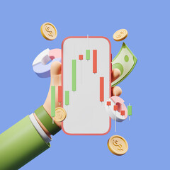 Hand with smartphone, stock market chart with candlesticks. Mockup screen