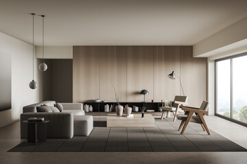 Living room interior with chair and couch, shelf and panoramic window