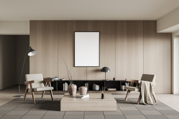 Bright living room interior with empty white poster