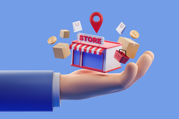 Cartoon hand and business store, online shopping and tracking