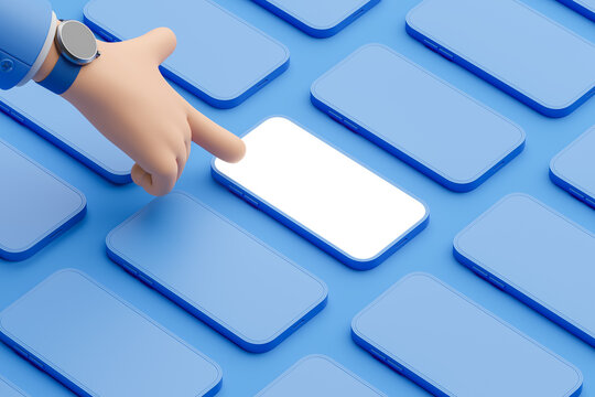 Cartoon hand point at phone in row, mockup empty screen