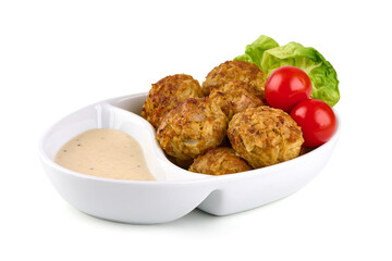 Fried meatballs in bowl with creams sauces, isolated on white background