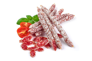 Air dried pork salami sticks, isolated on white background.