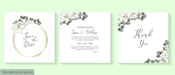 Fototapeta na wymiar Vector floral template for wedding invitations. White lilies, eucalyptus, wicker plants, green leaves and grasses. Golden circular frame 