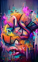 Straatgraffiti, abstracte woorden op de muur. Graffiti tekenen met felle kleuren, verf. Illustratie