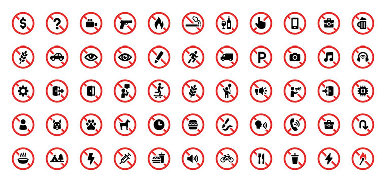 Prohibited sign icon collection. Ban, restriction sign vector illustration.
