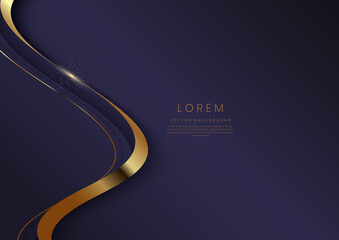 Luxury concept template 3d purple curve shape on violet elegangt background and golden ribbon line with copy space for text.