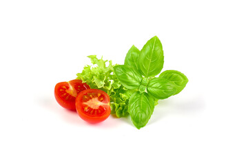 Basil leaves with lettuce and cherry tomatoes, isolated on white background.