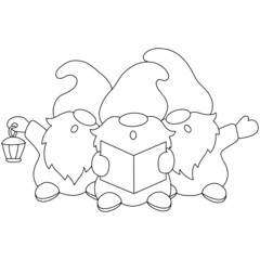The dwarfs are singing Christmas carols. Coloring book page for kids. Cartoon style character. Vector illustration isolated on white background.