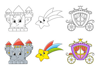 Naklejka premium Set coloring page for kids. Fairytale theme. Cute cartoon characters. Black stroke. With sample. Vector illustration.