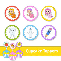 Cupcake Toppers. Set of six round pictures. cartoon characters. Cute image. For birthday, py, baby shower.