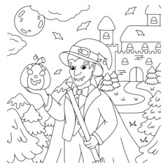Count Dracula with broom and pumpkin for Halloween. Coloring book page for kids. Cartoon style character. Vector illustration isolated on white background.
