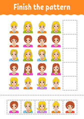 Fototapeta premium Finish the pattern. Cut and play. Education developing worksheet. Activity page. cartoon character. Vector illustration.