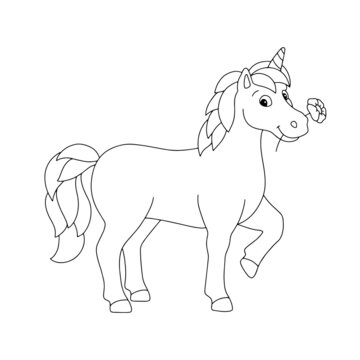 The unicorn is holding a flower. Coloring book page for kids. Cartoon style character. Vector illustration isolated on white background.