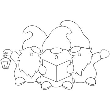 The dwarfs are singing Christmas carols. Coloring book page for kids. Cartoon style character. Vector illustration isolated on white background.