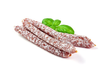 Air dried pork salami sticks, isolated on white background.