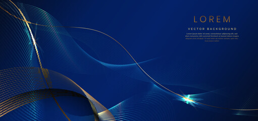 Abstract luxury golden lines curved overlapping on dark blue background. Template premium award design.