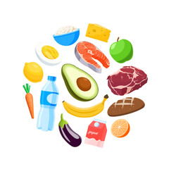 Collection of healthy food in a circle in flat style. Vegetables, meat, fish, fruits. 