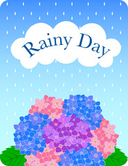 雨の降る背景と、紫陽花の花にRainy Dayのメッセージのイラスト
