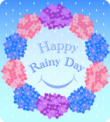 雨の降る背景と紫陽花の花、Happy Rainy Dayのメッセージとスマイルのイラスト