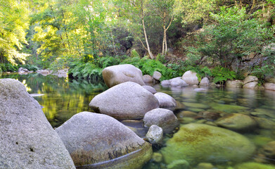 big rocks crossing a river in forest with clear water in Corsica © coco