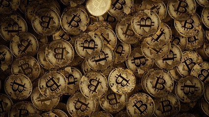 Bitcoin Cryptocurrency represented as Gold Coins. Future Banking Background. 3D Render.