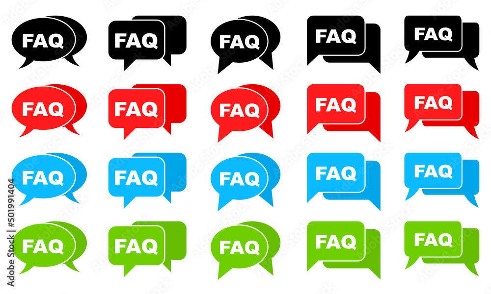 Aufkleber faq vector icon set. help button. question and answer bubble speech. frequently faq. colored icons.